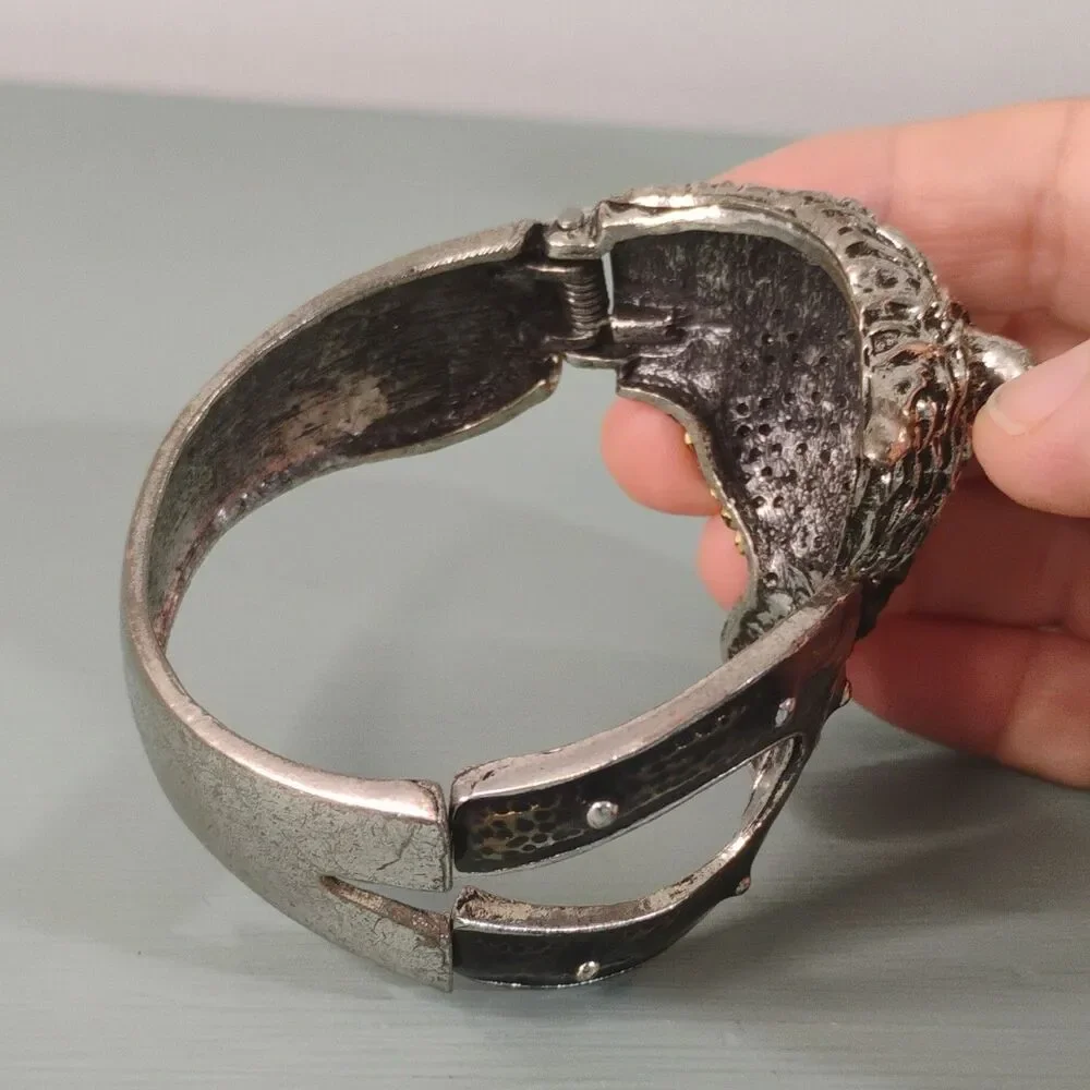 Chunky Equestrian Silver Tone Rhinestone Hinged Cuff Bracelet Horse/Horseshoe